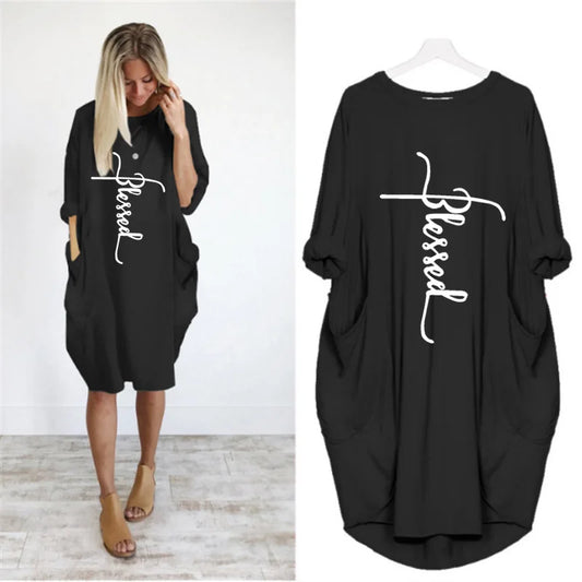 Vestido Casual Talla Grande - Manga Corta con Bolsillos y Cuello Redondo
