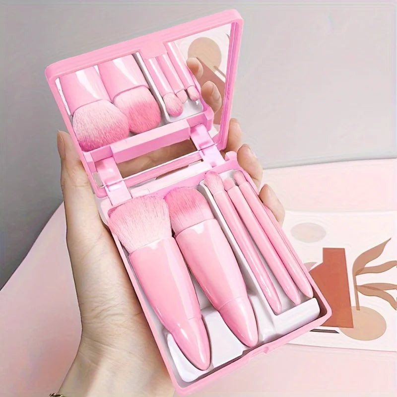 Set de 5 Brochas de Maquillaje Portátil con Espejo - Kit de Viaje Plegable