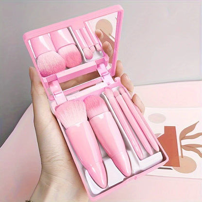 Set de 5 Brochas de Maquillaje Portátil con Espejo - Kit de Viaje Plegable
