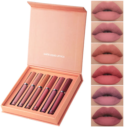 Set de 6 Labiales Mate - Caja Regalo con Brillo Resistente al Agua