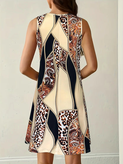 Vestido Casual de Verano sin Mangas - Estampado Leopardo y Paisley Patchwork