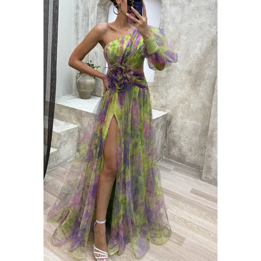 Vestido Largo de Fiesta con Hombro Descubierto - Malla con Lazo Floral y Abertura