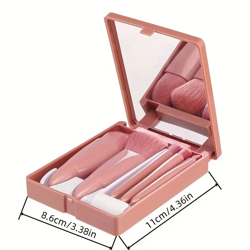 Set de 5 Brochas de Maquillaje Portátil con Espejo - Kit de Viaje Plegable