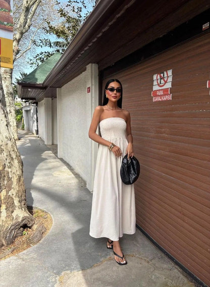 Vestido Largo Strapless de Verano - Color Sólido con Cintura Ceñida