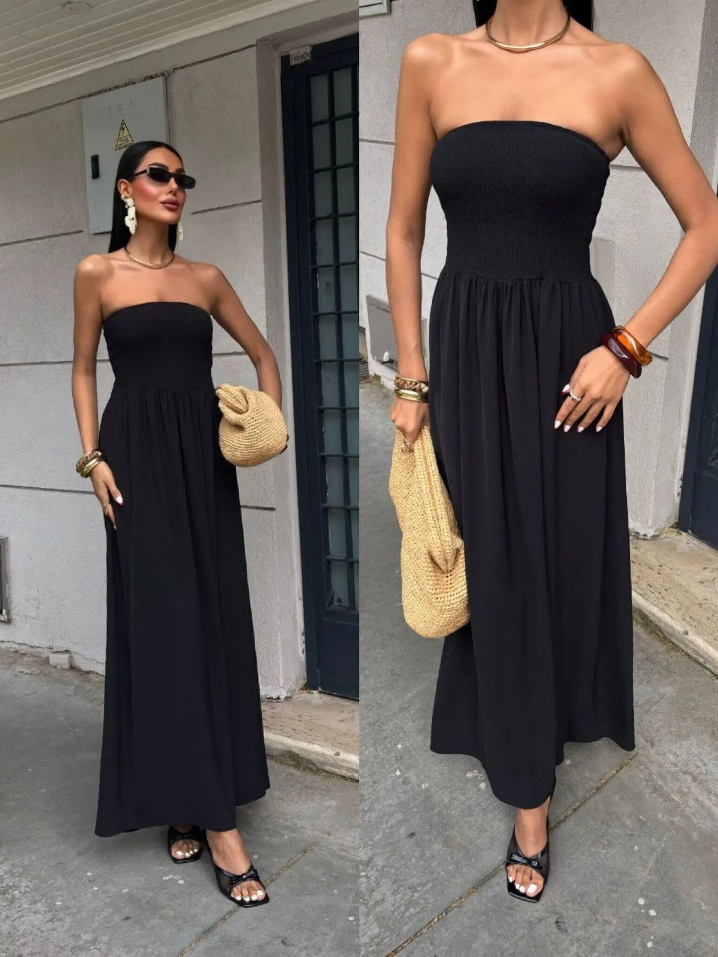 Vestido Largo Strapless de Verano - Color Sólido con Cintura Ceñida