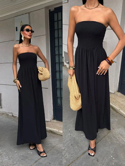 Vestido Largo Strapless de Verano - Color Sólido con Cintura Ceñida