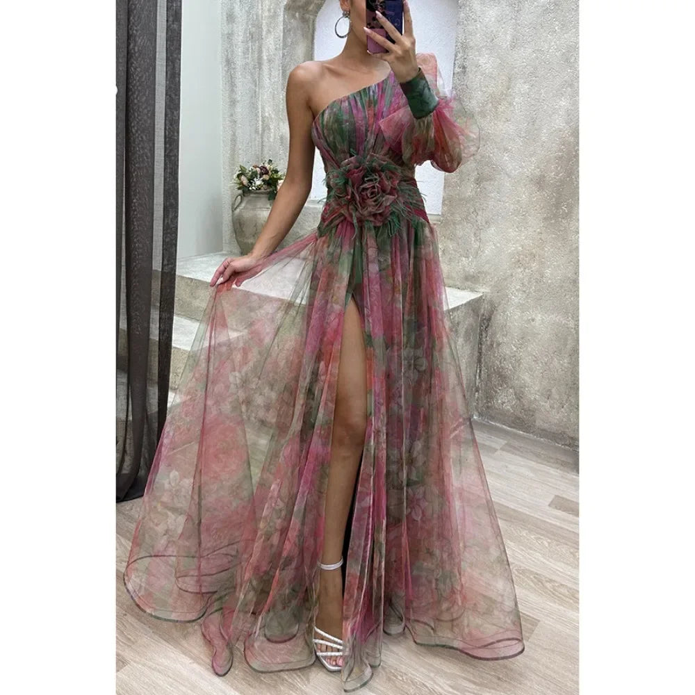 Vestido Largo de Fiesta con Hombro Descubierto - Malla con Lazo Floral y Abertura