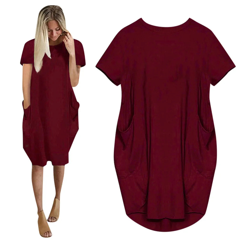 Vestido Casual Talla Grande - Manga Corta con Bolsillos y Cuello Redondo