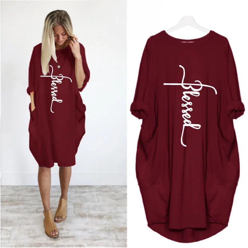 Vestido Casual Talla Grande - Manga Corta con Bolsillos y Cuello Redondo