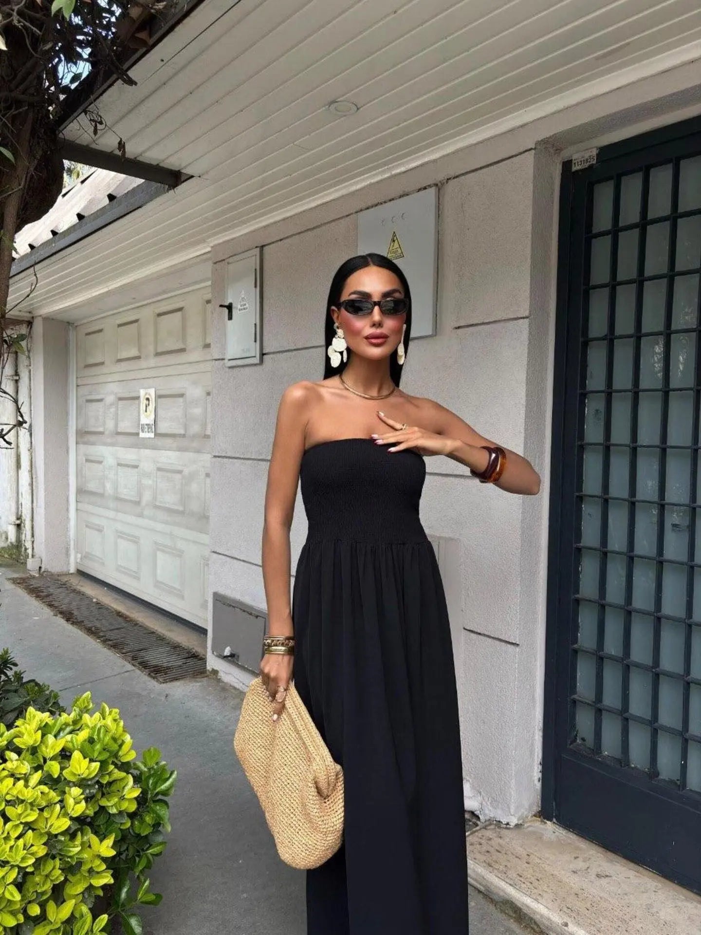Vestido Largo Strapless de Verano - Color Sólido con Cintura Ceñida