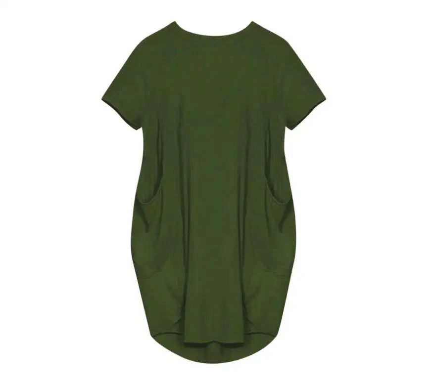 Vestido Casual Talla Grande - Manga Corta con Bolsillos y Cuello Redondo