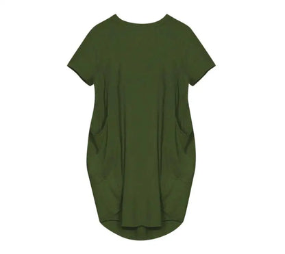 Vestido Casual Talla Grande - Manga Corta con Bolsillos y Cuello Redondo
