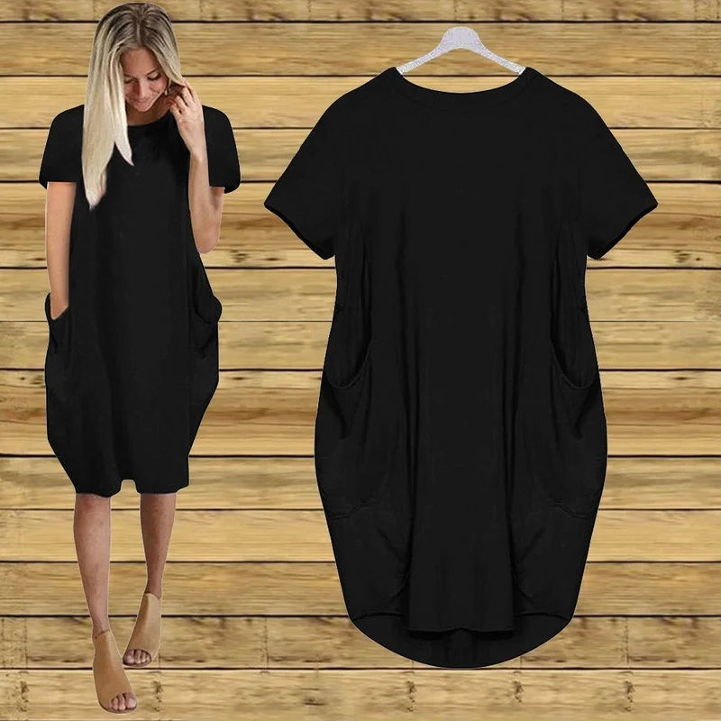 Vestido Casual Talla Grande - Manga Corta con Bolsillos y Cuello Redondo