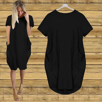 Vestido Casual Talla Grande - Manga Corta con Bolsillos y Cuello Redondo