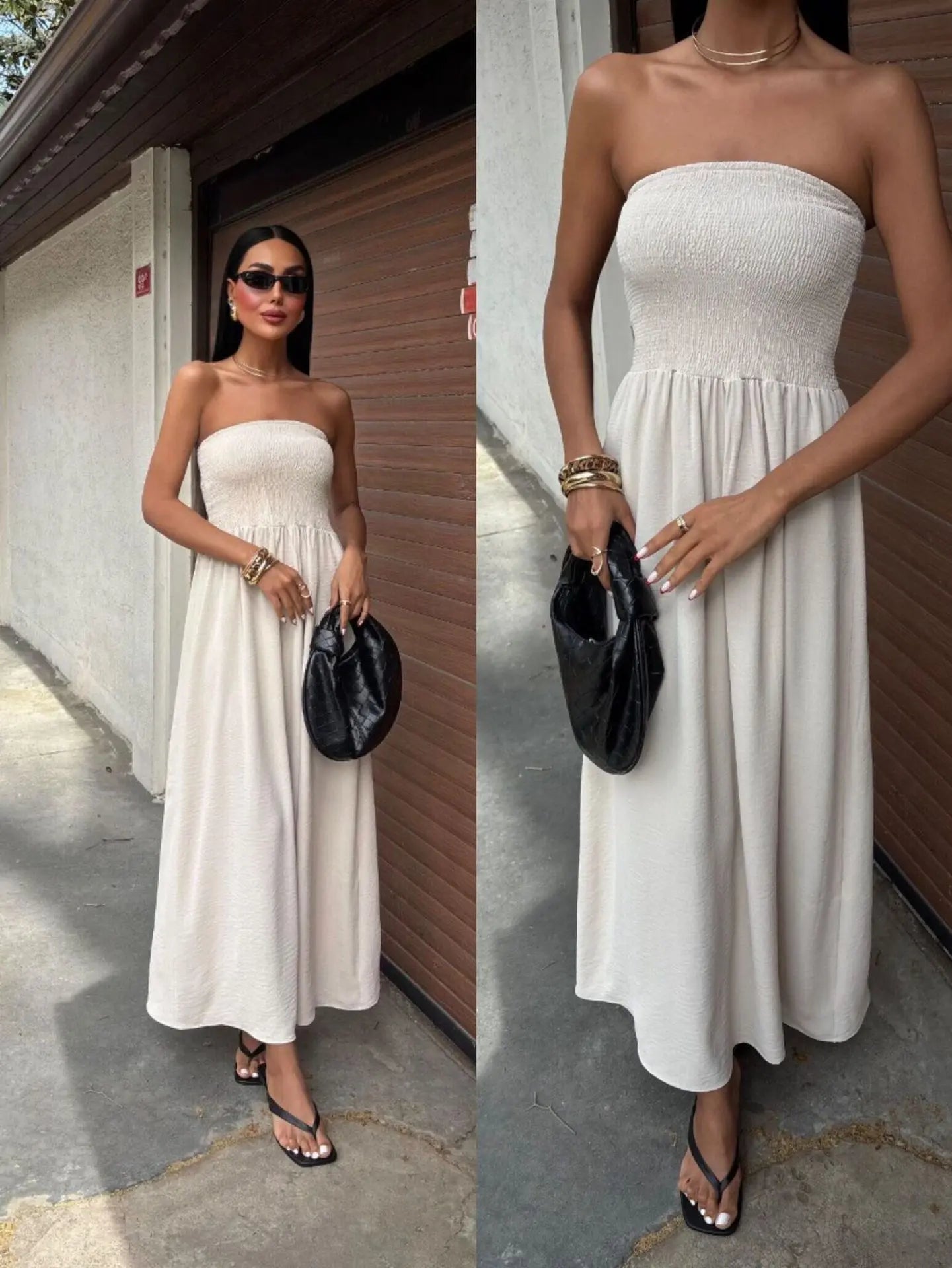 Vestido Largo Strapless de Verano - Color Sólido con Cintura Ceñida