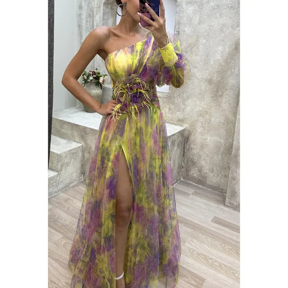 Vestido Largo de Fiesta con Hombro Descubierto - Malla con Lazo Floral y Abertura