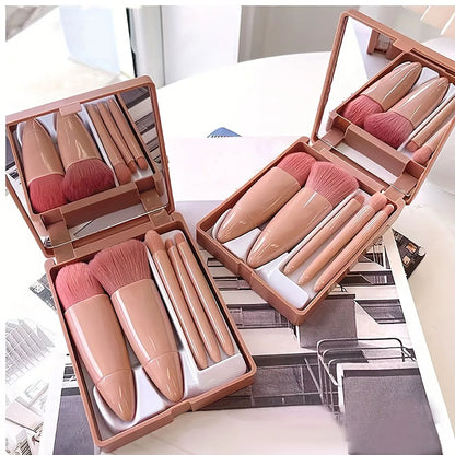 Set de 5 Brochas de Maquillaje Portátil con Espejo - Kit de Viaje Plegable