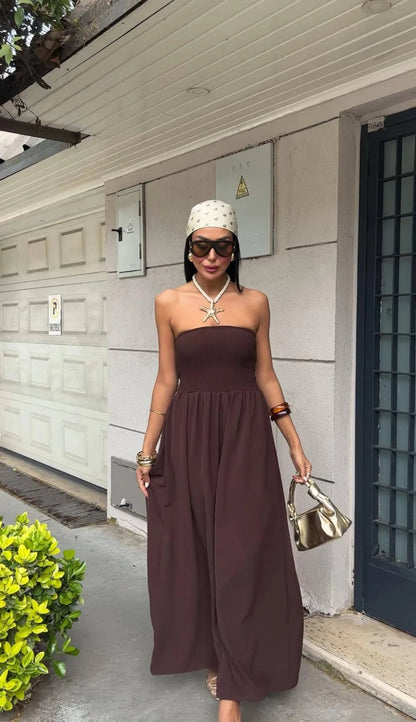 Vestido Largo Strapless de Verano - Color Sólido con Cintura Ceñida