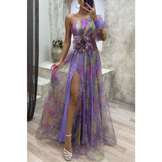 Vestido Largo de Fiesta con Hombro Descubierto - Malla con Lazo Floral y Abertura
