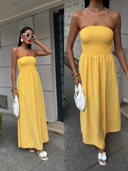 Vestido Largo Strapless de Verano - Color Sólido con Cintura Ceñida