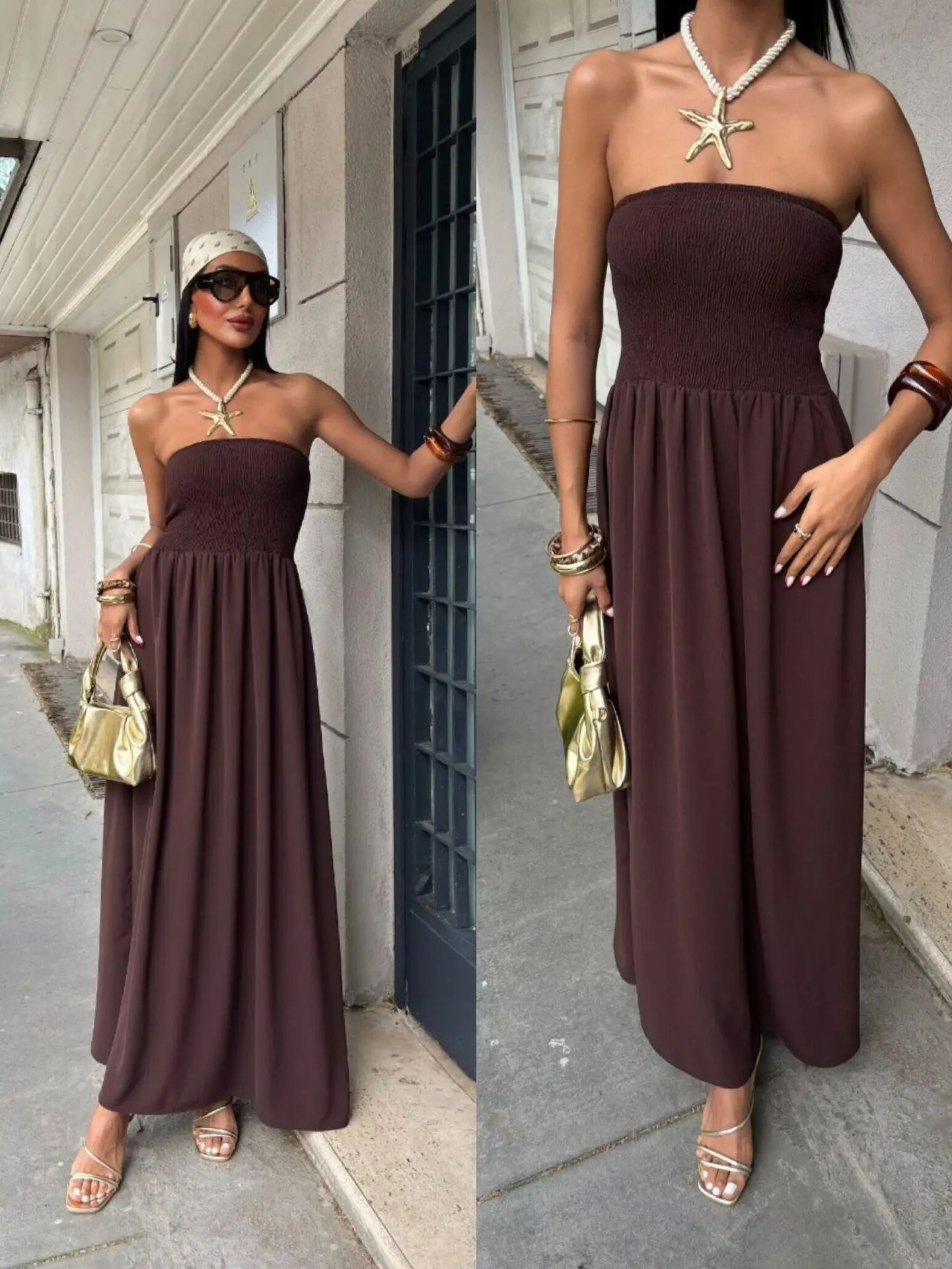 Vestido Largo Strapless de Verano - Color Sólido con Cintura Ceñida