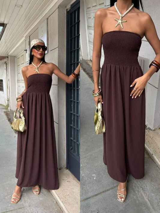 Vestido Largo Strapless de Verano - Color Sólido con Cintura Ceñida