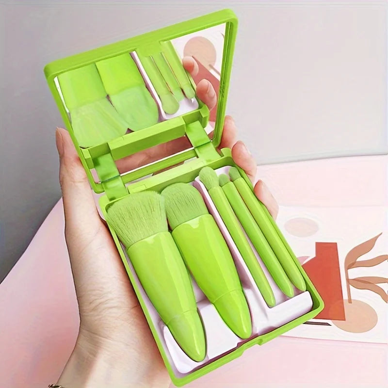 Set de 5 Brochas de Maquillaje Portátil con Espejo - Kit de Viaje Plegable