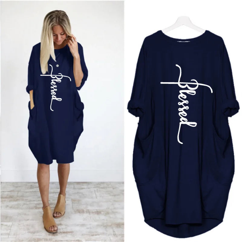 Vestido Casual Talla Grande - Manga Corta con Bolsillos y Cuello Redondo