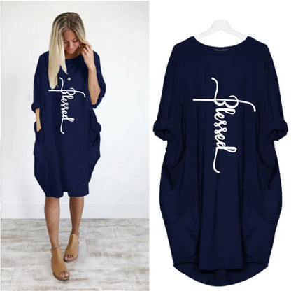 Vestido Casual Talla Grande - Manga Corta con Bolsillos y Cuello Redondo