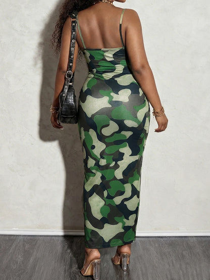 Vestido Maxi Cami con Estampado Camuflaje - Tirantes Finos con Abertura