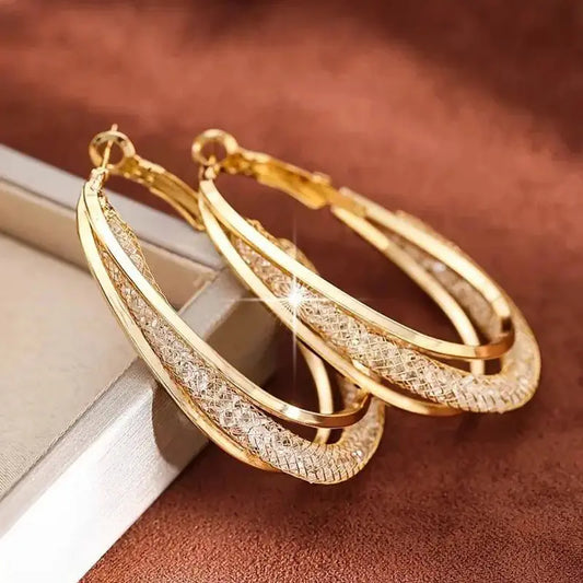 Aretes de Aro con Cristales Dorados - Diseño Trenzado Bañado en Plata para Mujer