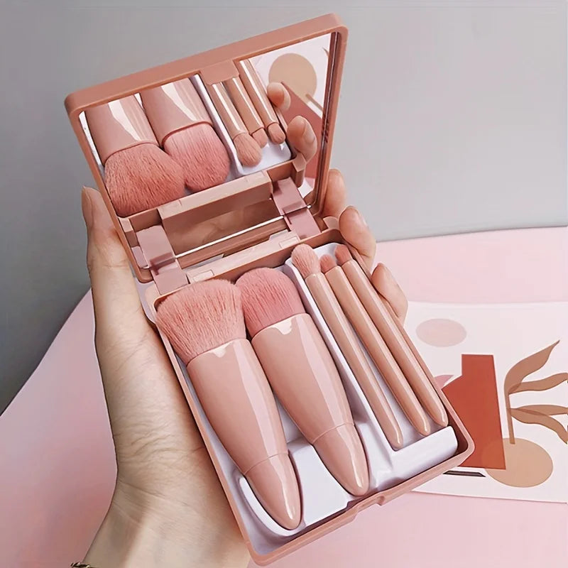 Set de 5 Brochas de Maquillaje Portátil con Espejo - Kit de Viaje Plegable
