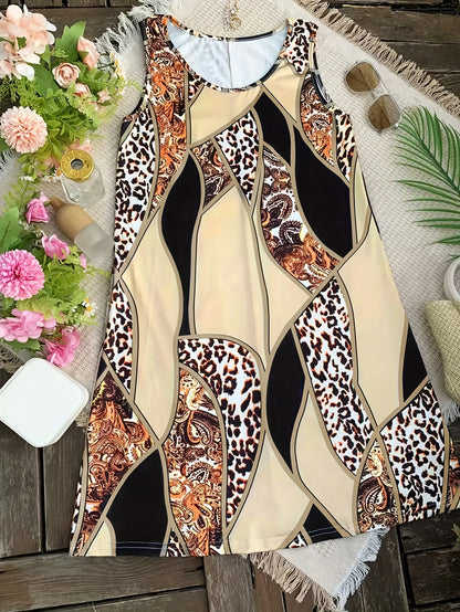 Vestido Casual de Verano sin Mangas - Estampado Leopardo y Paisley Patchwork