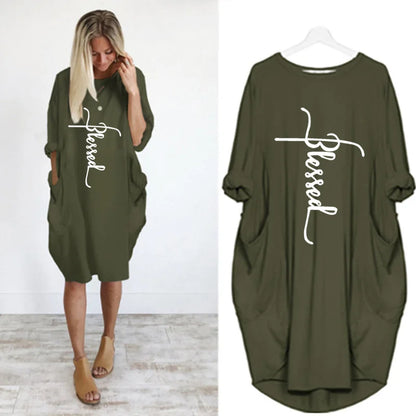 Vestido Casual Talla Grande - Manga Corta con Bolsillos y Cuello Redondo