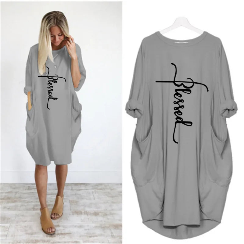 Vestido Casual Talla Grande - Manga Corta con Bolsillos y Cuello Redondo