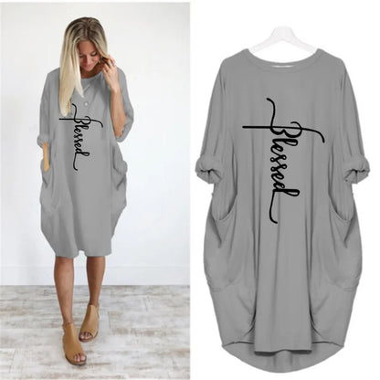 Vestido Casual Talla Grande - Manga Corta con Bolsillos y Cuello Redondo