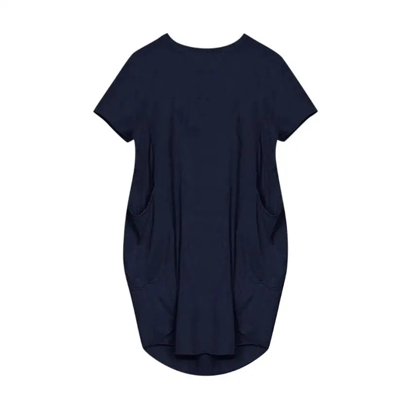 Vestido Casual Talla Grande - Manga Corta con Bolsillos y Cuello Redondo