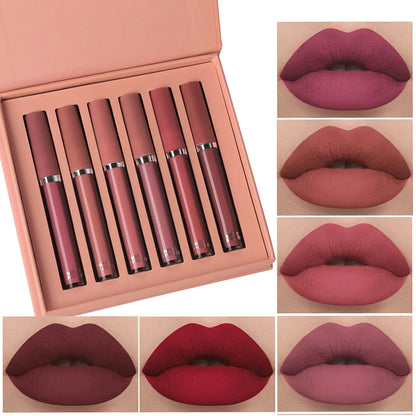 Set de 6 Labiales Mate - Caja Regalo con Brillo Resistente al Agua